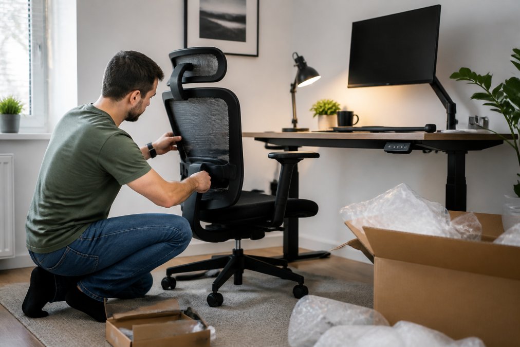 A professional sitting at a well-organized ergonomic desk with a monitor at eye level, arms resting parallel on the desk, and an ergonomic chair with visible lumbar support in a bright modern home office