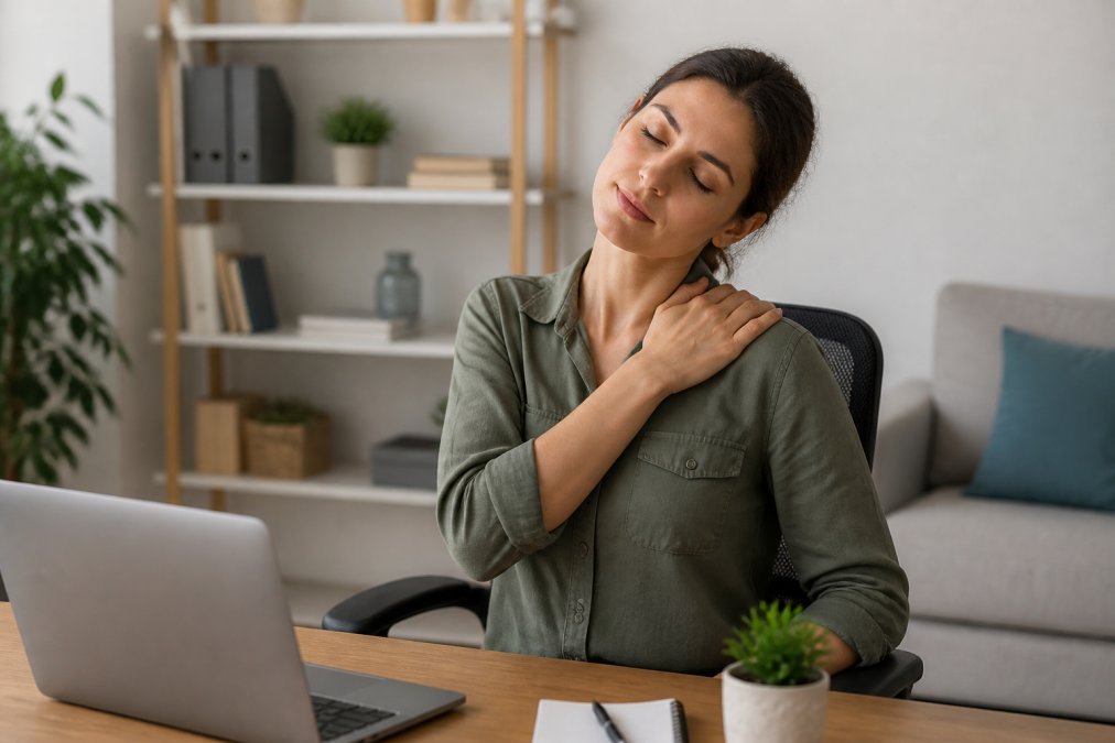 A person seated at a desk gently tilting their head to one side with one hand resting lightly on their shoulder, demonstrating a cervical lateral flexion stretch, with a laptop visible in the background and warm office lighting