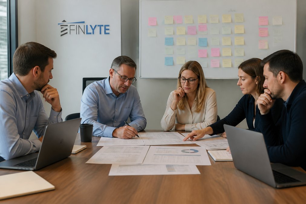 Finance team analyzing project timelines and dashboards to diagnose NetSuite project delays during a meeting.