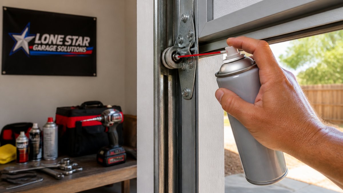 Hand applying silicone lubricant to a garage door roller to fix a noisy garage opener mechanism