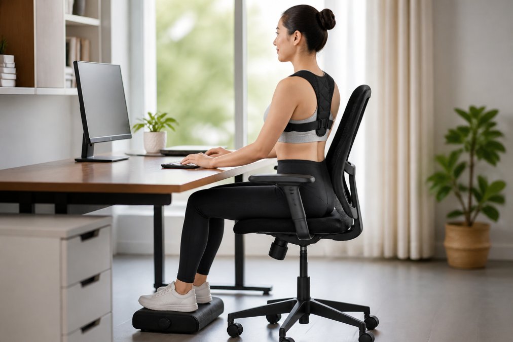 Office worker sitting at desk demonstrating proper ergonomic alignment with monitor at eye level, feet flat on footrest, elbows at 90 degrees, and natural lumbar curve supported