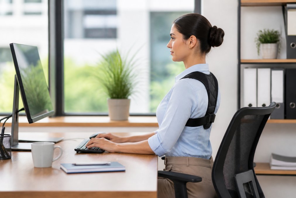 Professional in business casual attire sitting at desk with perfect neutral spine alignment, shoulders relaxed back, head positioned directly over shoulders, and monitor at eye level with natural office lighting