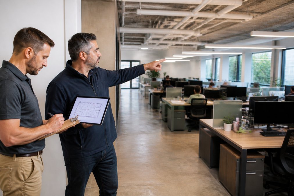 Facilities manager and IT technician mapping office wifi dead zones on a floor plan in an open-plan office.