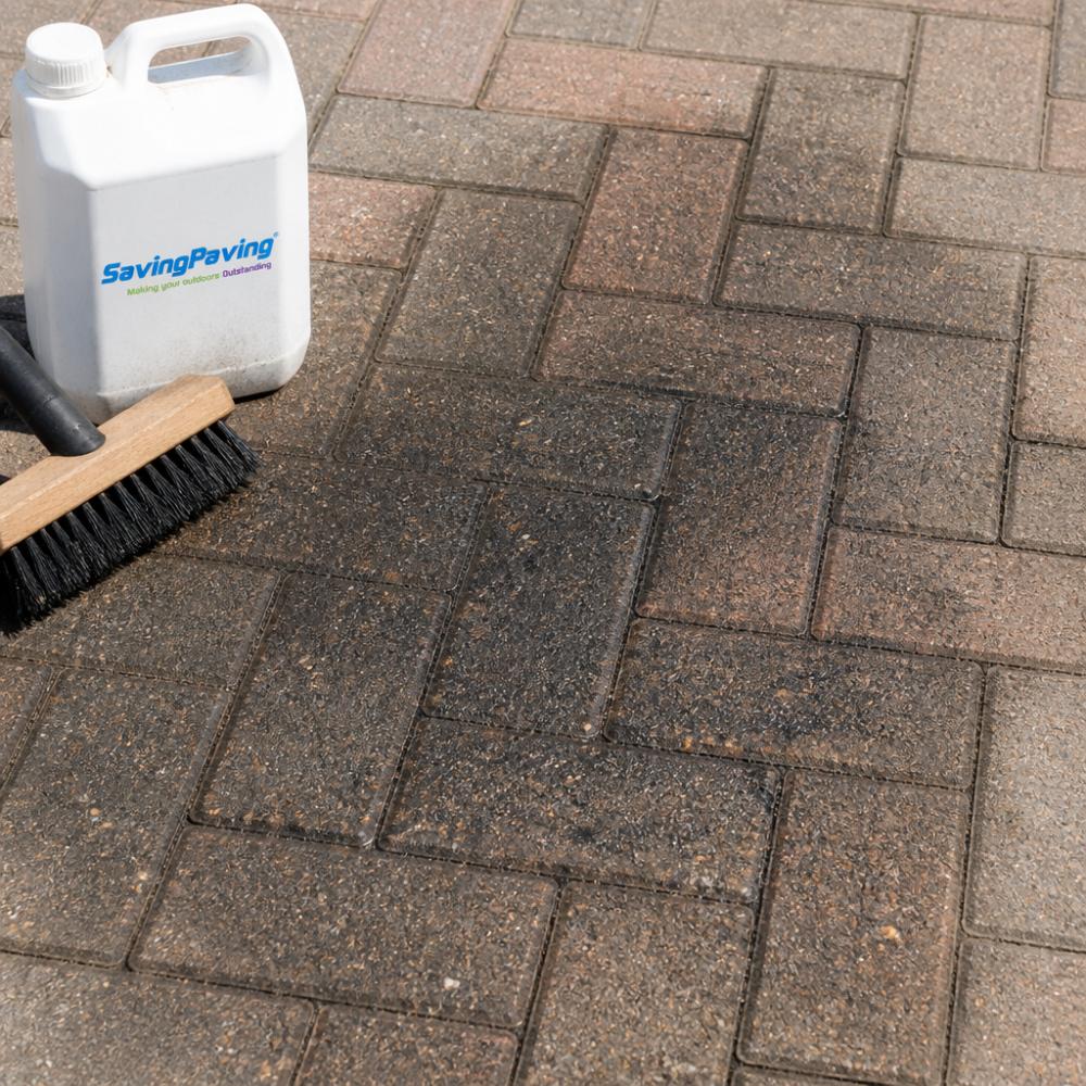Close-up of a stained block paving driveway showing dark oil residue around the joints, with a stiff-bristle brush and a bottle of degreaser placed on the surface ready for use, captured in natural daylight