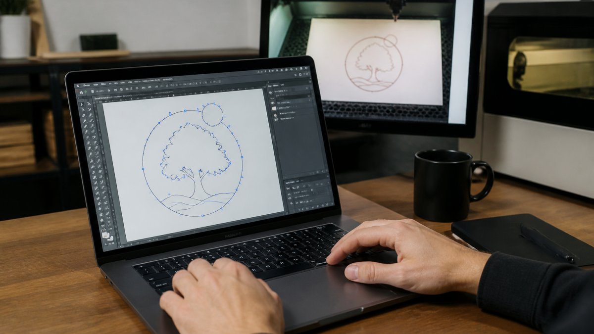A designer's hands on a laptop showing Adobe Illustrator with a vector path selected, anchor points highlighted, and a second monitor displaying a laser cutter preview in the background