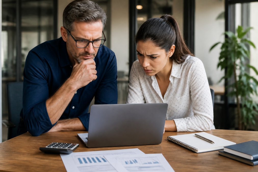 A sales manager and a team member leaning over a laptop reviewing pipeline metrics in a bright modern office, both looking focused with furrowed brows