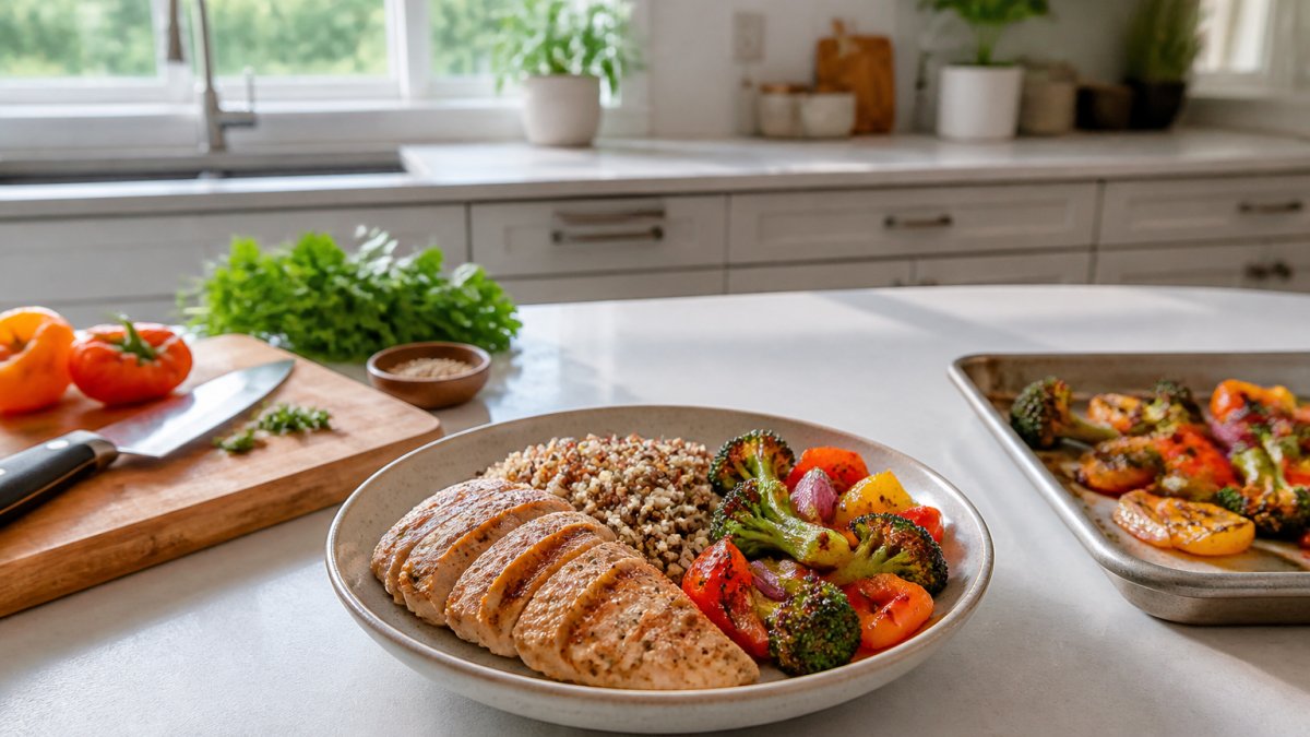 Person preparing a balanced meal with grilled chicken, roasted vegetables, and quinoa on a kitchen counter with natural morning light streaming through windows
