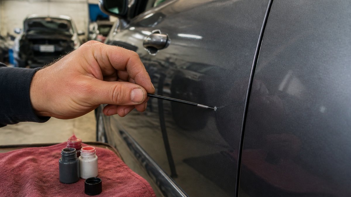 Close-up of a person's hand using a fine micro brush to dab touch-up paint onto a small chip on a car door panel, with the vehicle parked in a well-lit garage and paint supplies arranged on a nearby cloth
