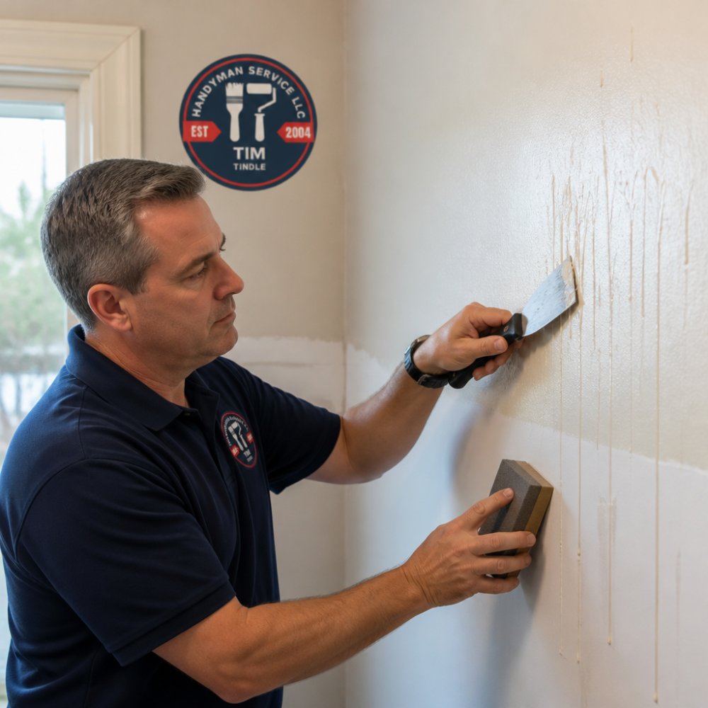 Diagram showing how to fix paint drips using a professional paint scraper and a sanding block on a wall surface