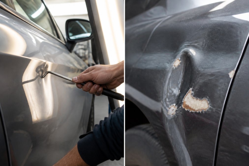 Close-up of a technician's hands using a metal PDR rod to gently massage a small dent on a car door panel inside a bright professional workshop