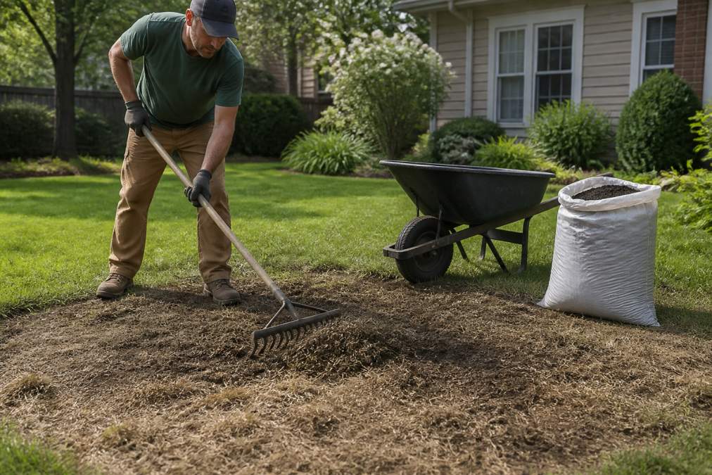 Homeowner raking away patchy dying grass and thatch to prepare the soil for new lawn seed in a sunny yard