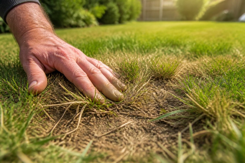 Close-up of a homeowner's hand brushing through thin, yellowing grass in a sunny backyard, exposing dry bare soil spots between the blades