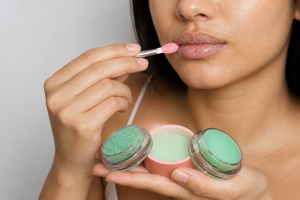 Close-up of hands gently exfoliating lips with a soft lip scrub, showing smooth texture and hydrated appearance on lips ready for makeup application