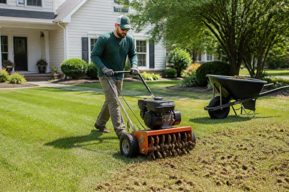 Homeowner using a core aerator on a patchy thin lawn to improve soil health