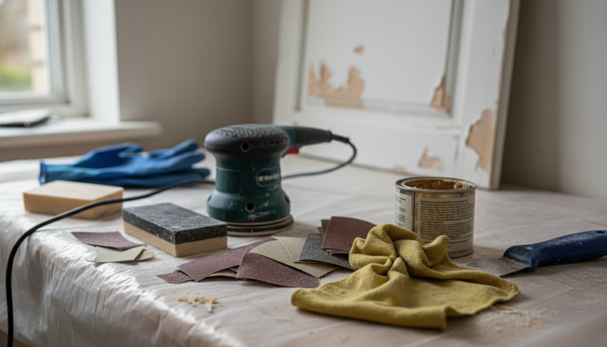 Close-up of a person using a heat gun to carefully remove peeling paint from a kitchen cabinet door laid flat on a workbench, with sanding tools and a tack cloth visible nearby, warm workshop lighting