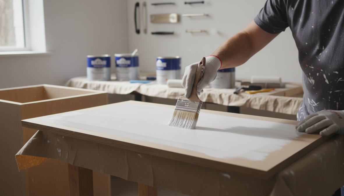 A painter applying a coat of white bonding primer to an MDF cabinet door with a high-quality brush, in a well-lit kitchen workspace with cabinet hardware and paint cans visible in the background