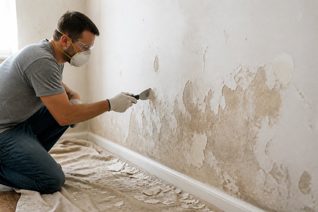 Person wearing safety gear using a putty knife to scrape peeling interior paint from a wall over a drop cloth