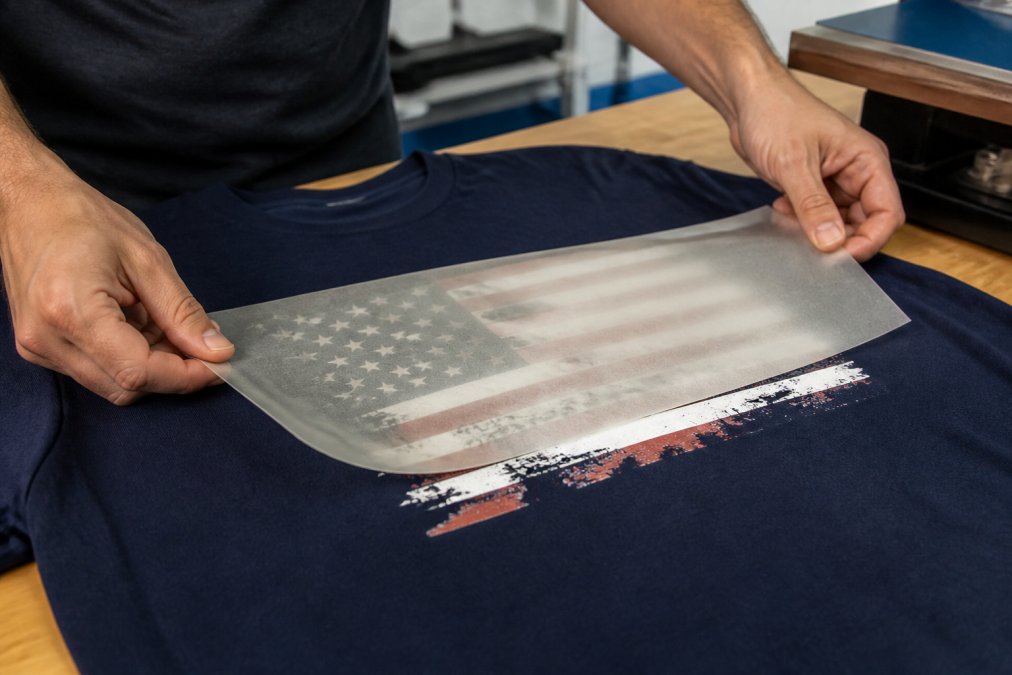 Close-up of hands carefully placing a teflon sheet over peeling vinyl on a patriotic t-shirt, showing proper protective layer positioning before heat pressing