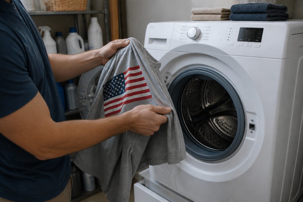 Person turning a patriotic t-shirt inside out before loading it into a washing machine, demonstrating the proper care technique for vinyl designs