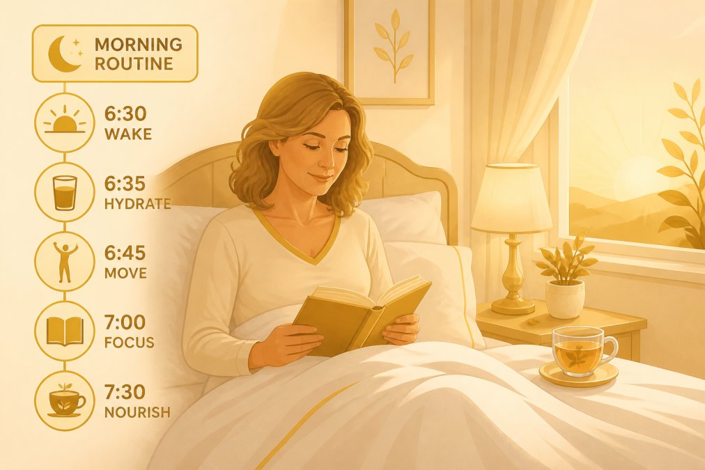 Woman in a serene bedroom with soft warm lamplight, sitting on comfortable white bedding, reading a book with a cup of herbal tea on the nightstand, showing a peaceful morning routine setup