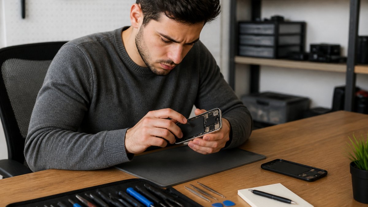 A person sitting at a clean desk with a smartphone, a small toolkit, and a notepad, carefully examining the device with a focused expression