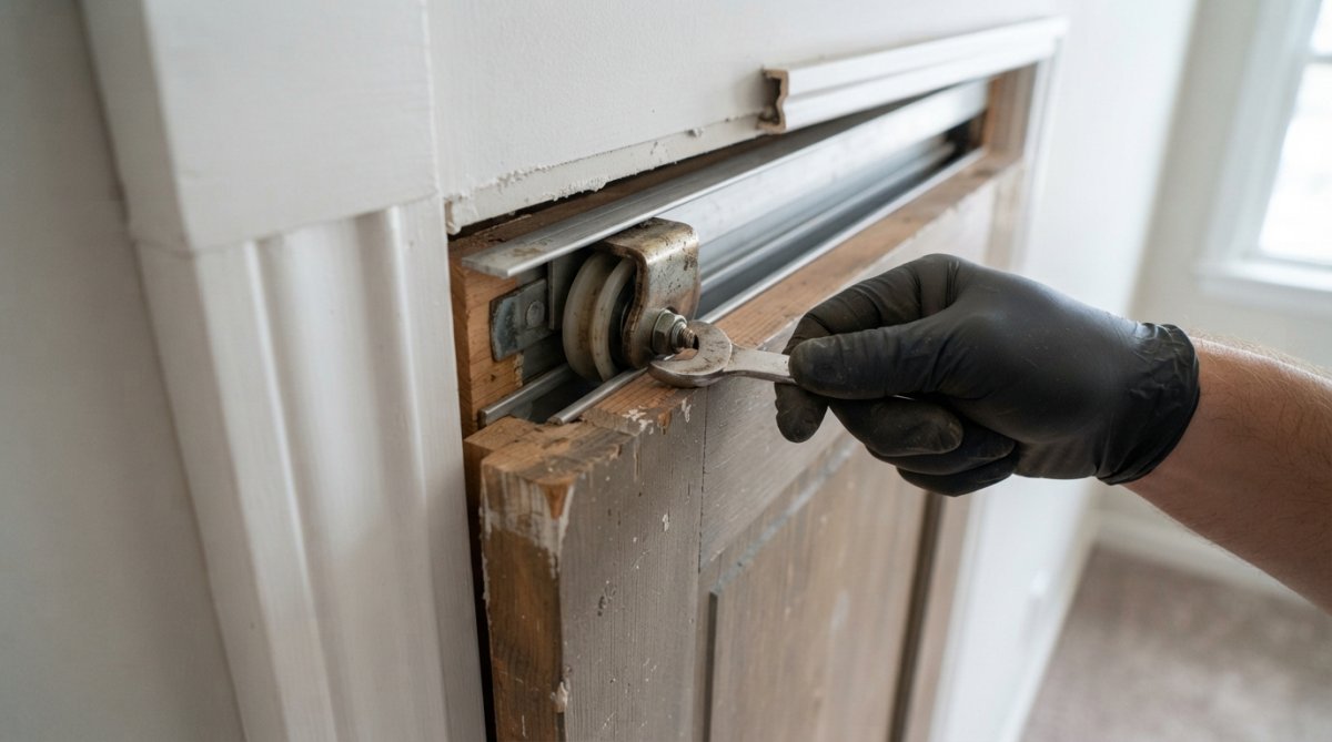 Close-up of a person's hand using an offset wrench to turn the adjustment screw on a pocket door roller assembly, with the door panel slightly pulled out from the wall