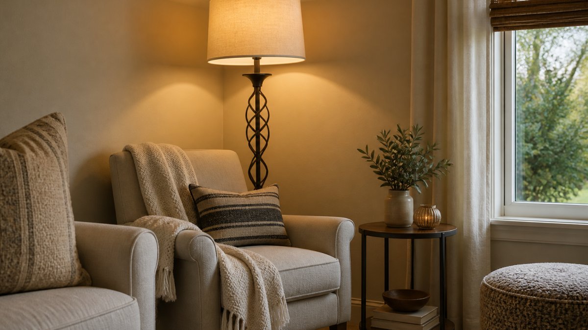 Diagram showing how to place a floor lamp in a dark living room corner to improve ambient lighting levels.