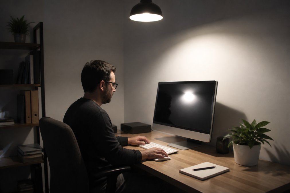 A person working at a desk with a single harsh overhead light casting a shadow on the keyboard and creating a visible glare spot on the computer monitor