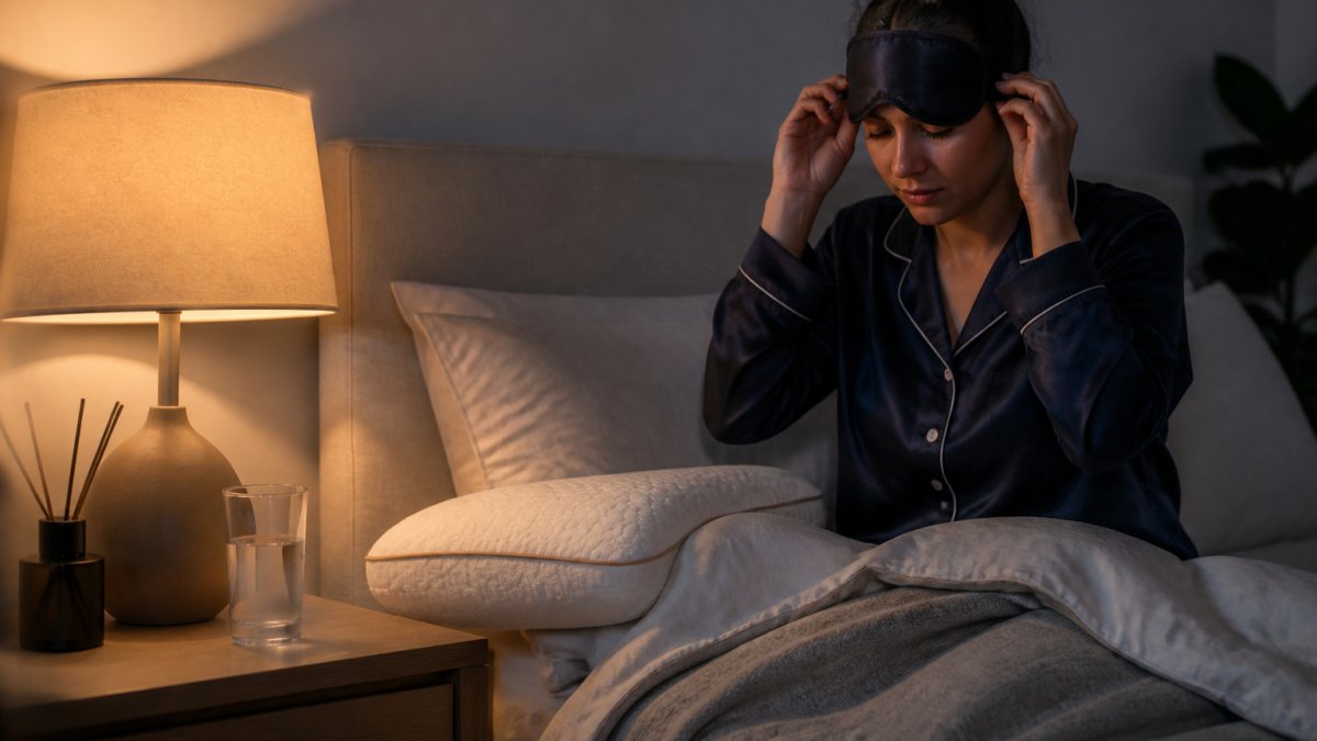 A dimly lit bedroom at night with a person adjusting a sleep mask and a cooling pillow on the bed, bedside lamp glowing softly