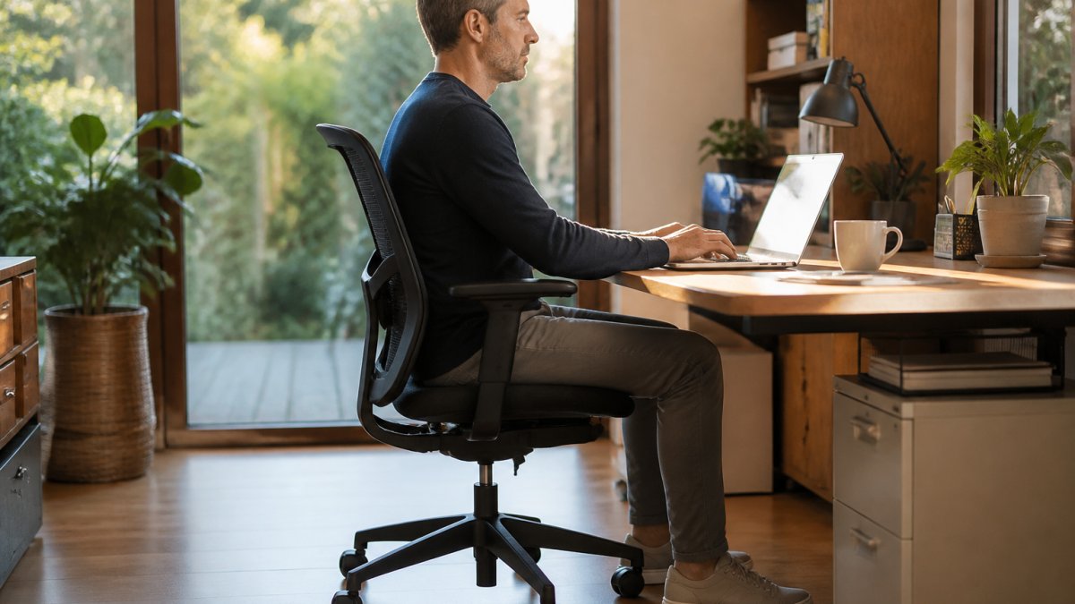 A person sitting at a home office desk in an ergonomic mesh task chair, feet flat on the floor, back supported, side-on view showing the chair height and seat depth clearly