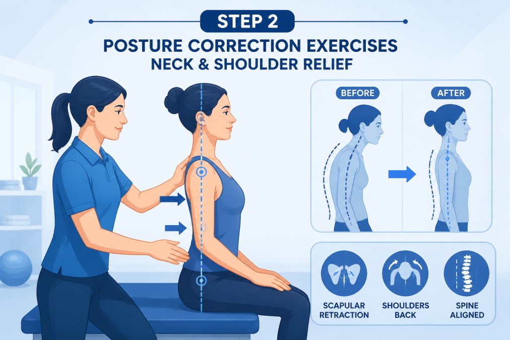 Physical therapist demonstrating proper posture correction exercise with patient showing scapular retraction, shoulders back and spine aligned in bright clinical setting