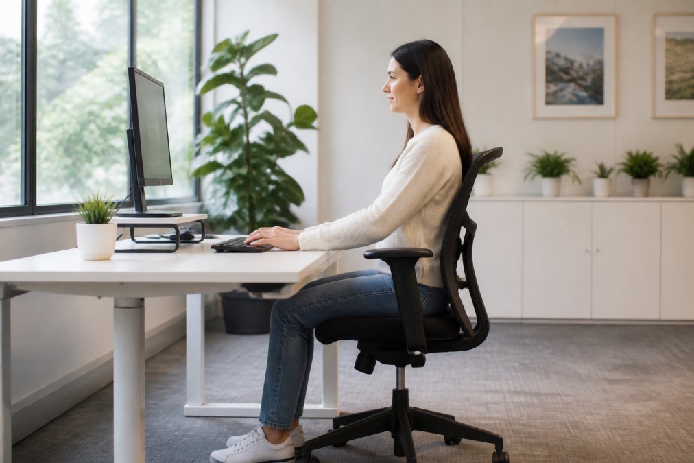 Professional seated at properly ergonomic desk with monitor at eye level, feet flat on floor, neutral spine alignment, and proper chair height in bright office setting