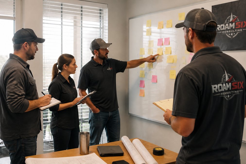 A small construction office team gathered around a whiteboard covered in sticky notes and hand-drawn workflow arrows, one person pointing at a cluster of notes while others take notes on clipboards, morning light through the windows