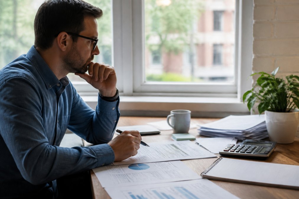 Small business owner or accountant reviewing QuickBooks audit log on desktop monitor, with financial documents and notes spread across wooden desk, natural window lighting