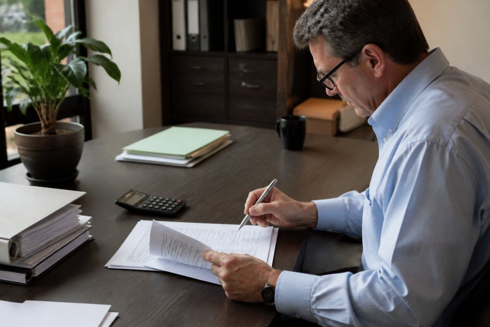 Accountant at desk with QuickBooks open on monitor, reviewing printed journal entry documentation and making corrections with pen, organized workspace with accounting materials