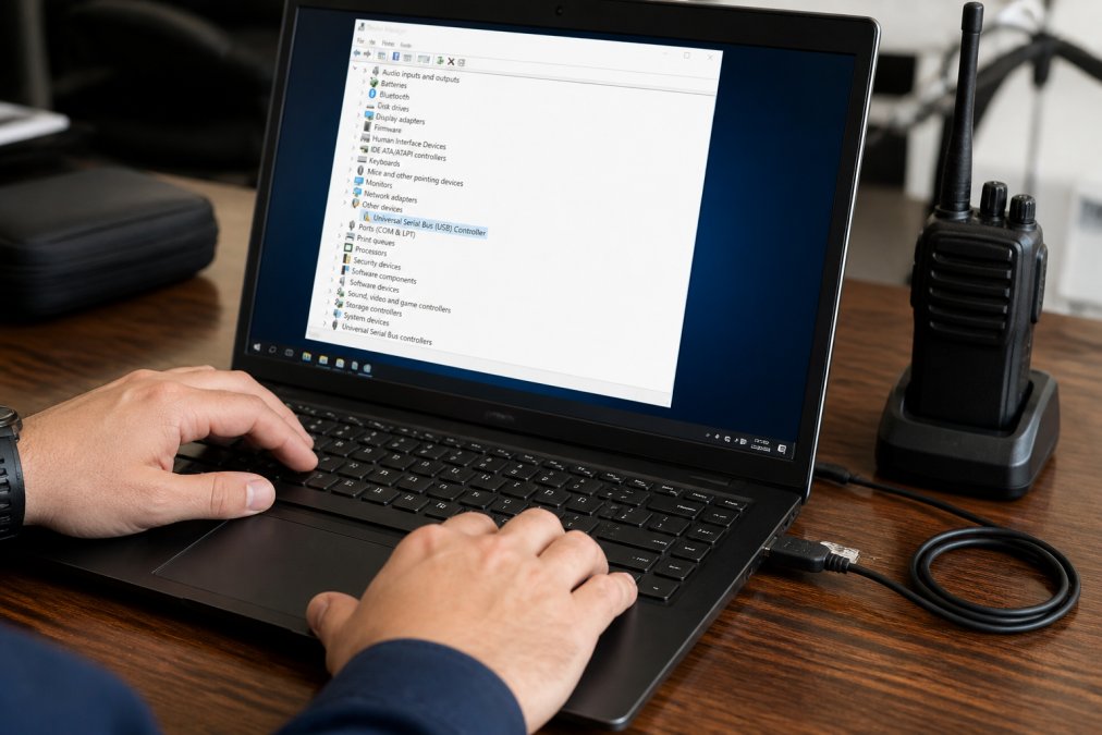 Close-up of a person's hands using a laptop with a USB programming cable plugged in, Device Manager window visible on screen showing a yellow warning icon next to a device entry, warm indoor desk lighting with a handheld radio nearby