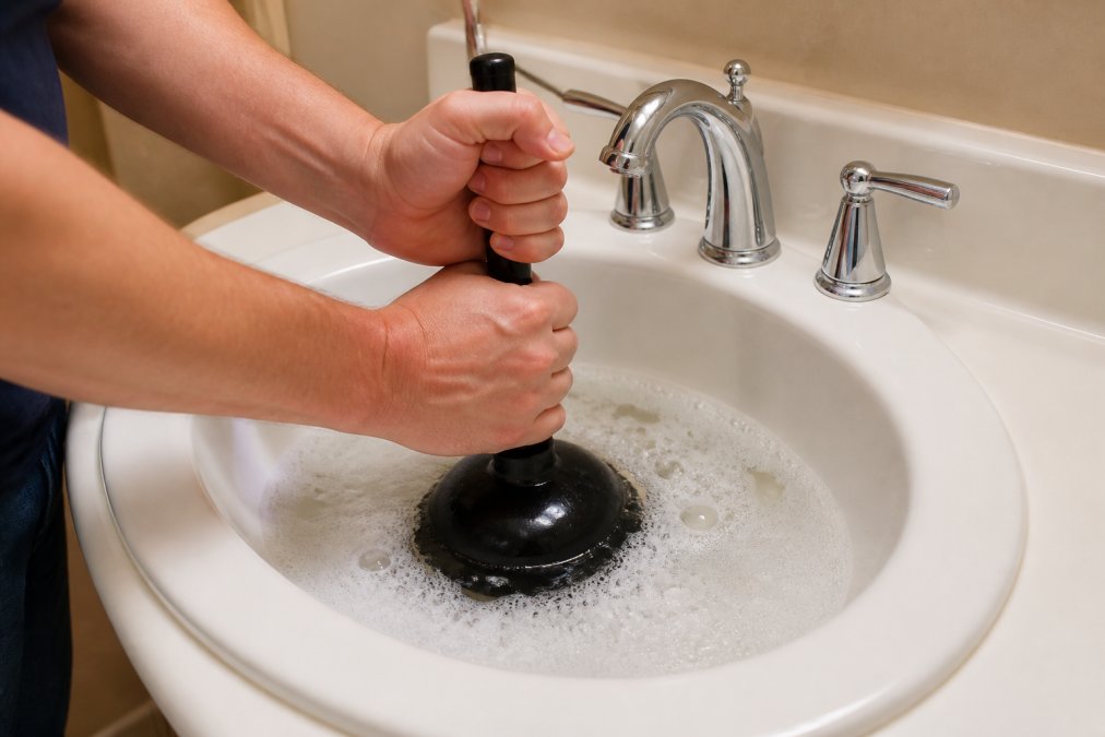 Close-up of a person's hands pressing down firmly on a black rubber plunger over a bathroom sink drain, with soapy water visible in the white porcelain basin under warm bathroom lighting