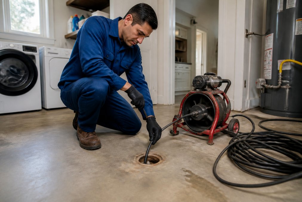 A licensed plumber in a blue uniform kneeling beside a floor drain in a well-lit residential utility room, carefully feeding a sewer camera snake cable into the drain opening