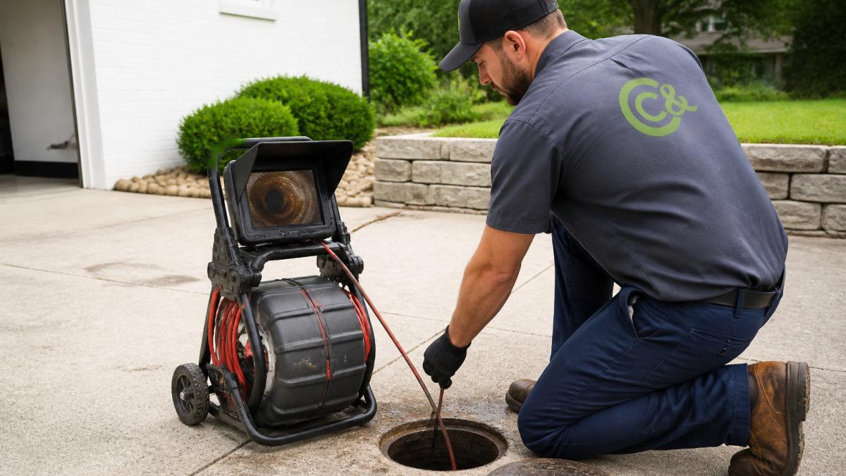 Plumber using a sewer camera to inspect a pipe and identify the cause of sewer backups
