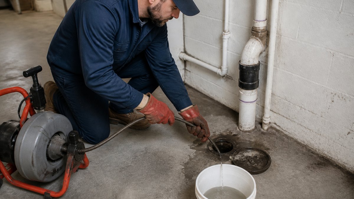 Professional plumber using a drain snake to clear debris from a cleanout access point in a residential basement, water draining into a bucket, concrete floor visible