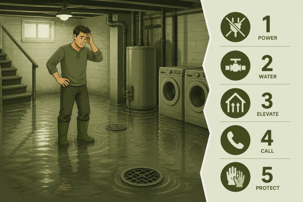 Homeowner standing in basement with visible water pooling near floor drains, looking concerned, with wet flooring and dim lighting showing the severity of the backup situation