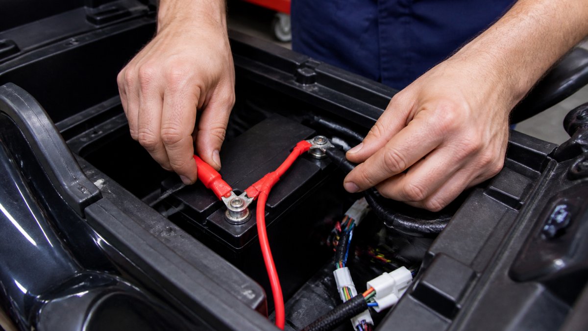 Close-up of technician's hands inspecting red and black battery wires and connectors on a ride-on car battery, showing proper terminal connection points with natural workshop lighting