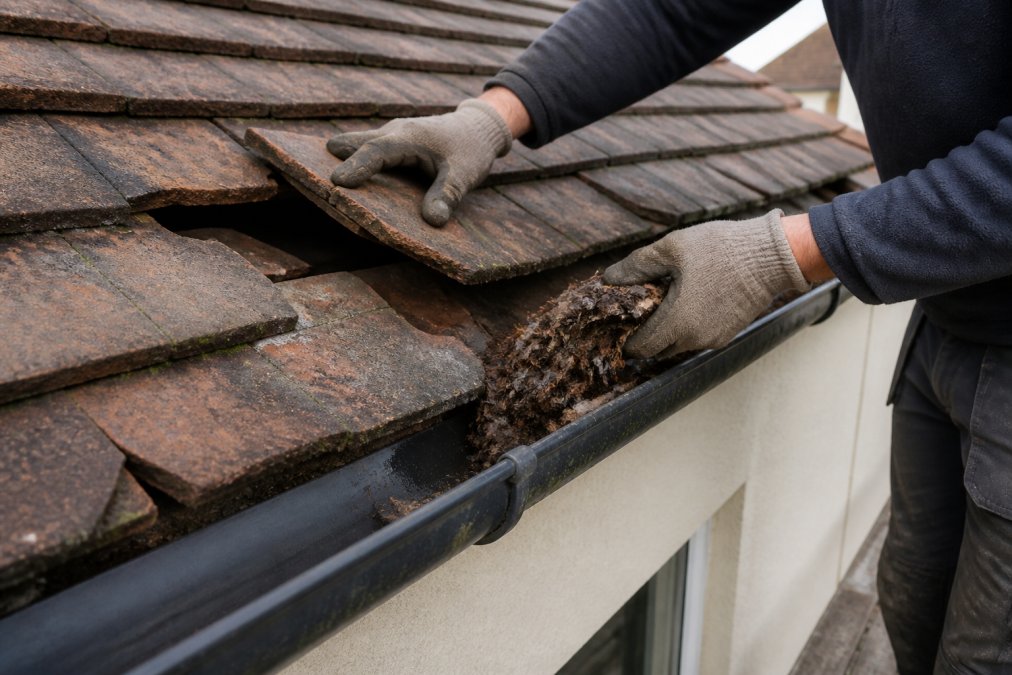 A close-up photograph showing a roofer's hands inspecting cracked roof tiles and clearing debris from a guttering channel on a residential property