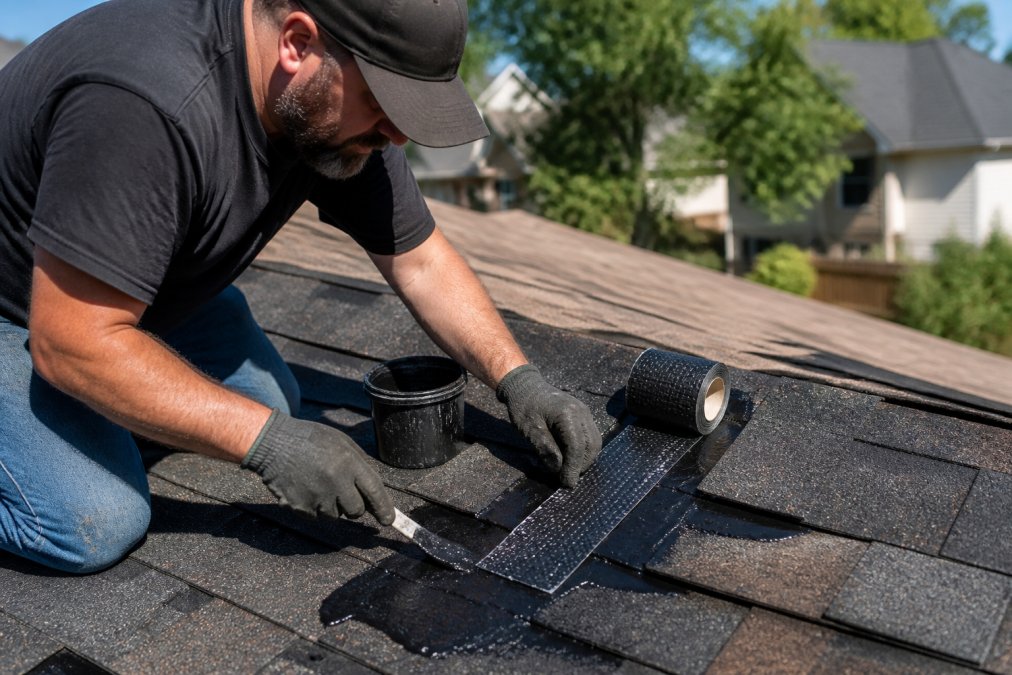 Professional applying roofing cement and waterproof tape to fix a roof leak after storm damage
