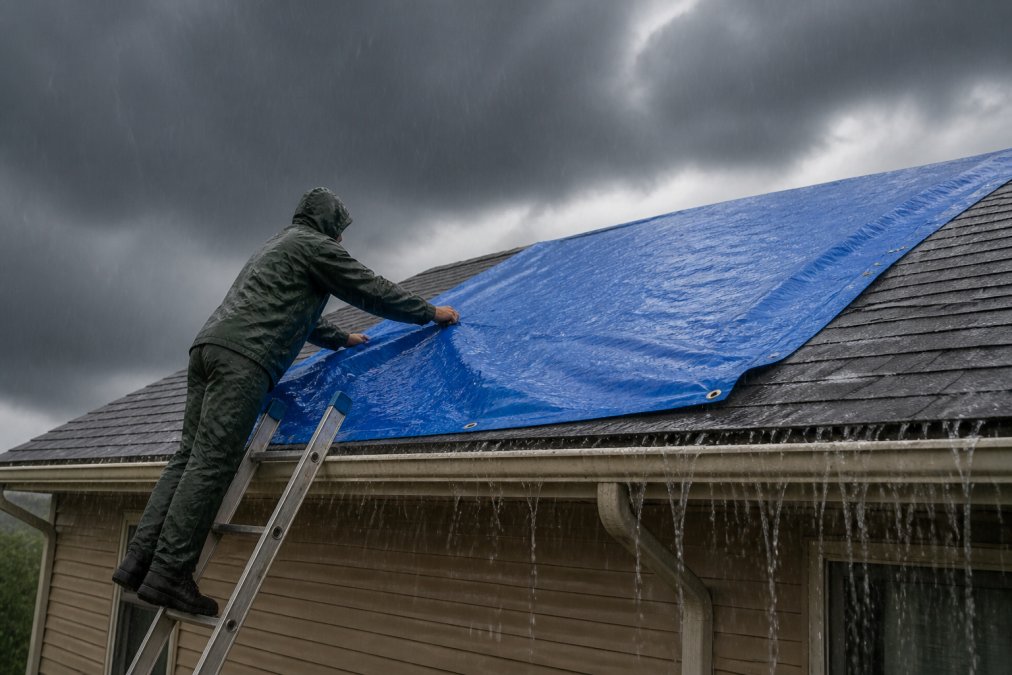 Homeowner in rain gear securing a tarp over roof leaks during a storm