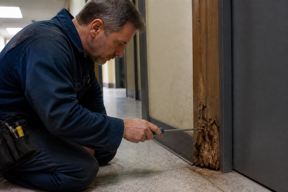 Close-up of a maintenance technician pressing a screwdriver firmly into a soft, visibly decayed wooden door jamb near the base, testing for fungal decay and structural integrity in a commercial building corridor under fluorescent lighting