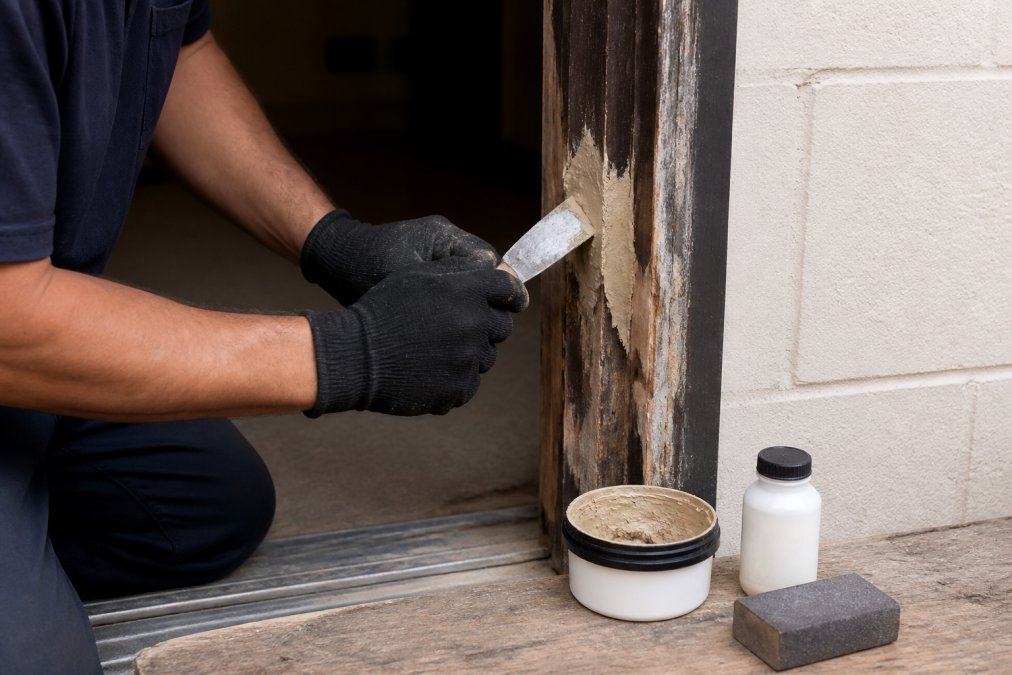 Maintenance worker in work gloves applying two-part wood epoxy filler to a repaired exterior door frame with a putty knife, with wood hardener and a sanding block visible on a nearby workbench in natural daylight