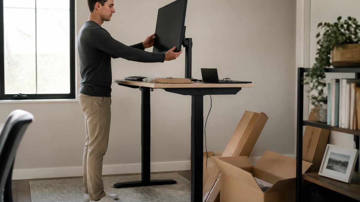 Professional at ergonomic standing desk with monitor at eye level, keyboard at elbow height, feet flat on floor, maintaining neutral spine alignment with relaxed shoulders