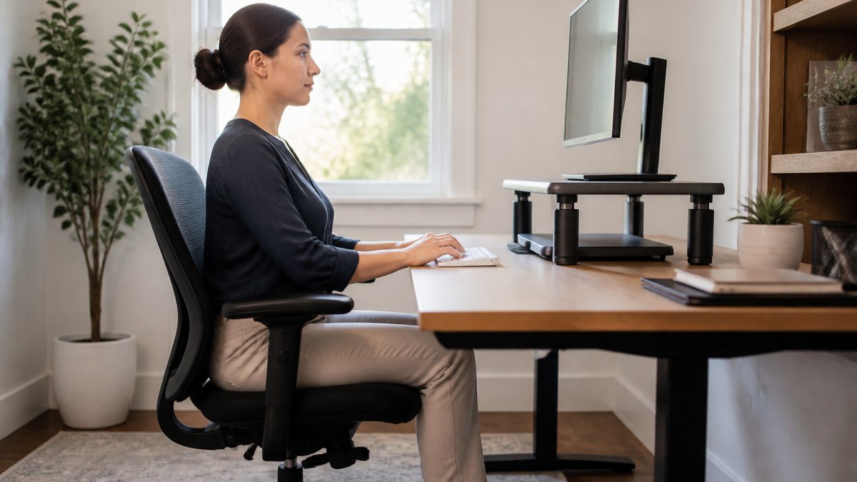 A person sitting at a tidy home office desk with a monitor raised to eye level, feet flat on the floor, and shoulders relaxed back, demonstrating correct desk posture setup