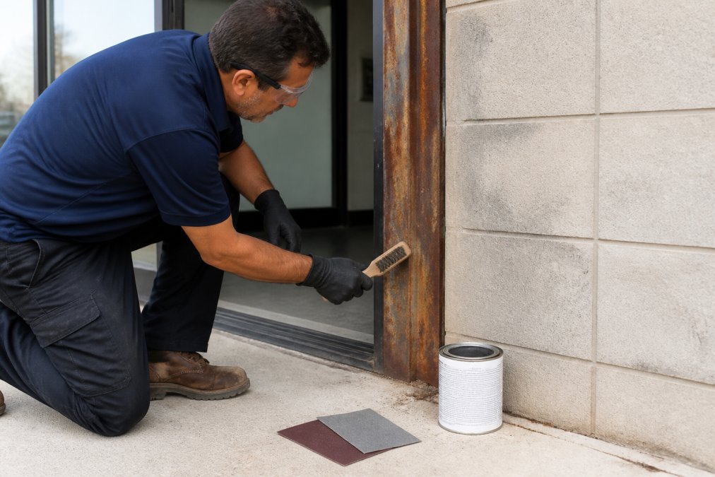 A maintenance worker wearing safety goggles and gloves using a wire brush on a rusted steel door frame at a commercial building entrance, with sandpaper and a can of primer on the floor nearby under natural daylight